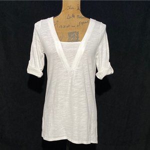 J Jill XS Stretch Tunic Top Tee Shirt White Long High Low Hem Short Roll Tab Sl